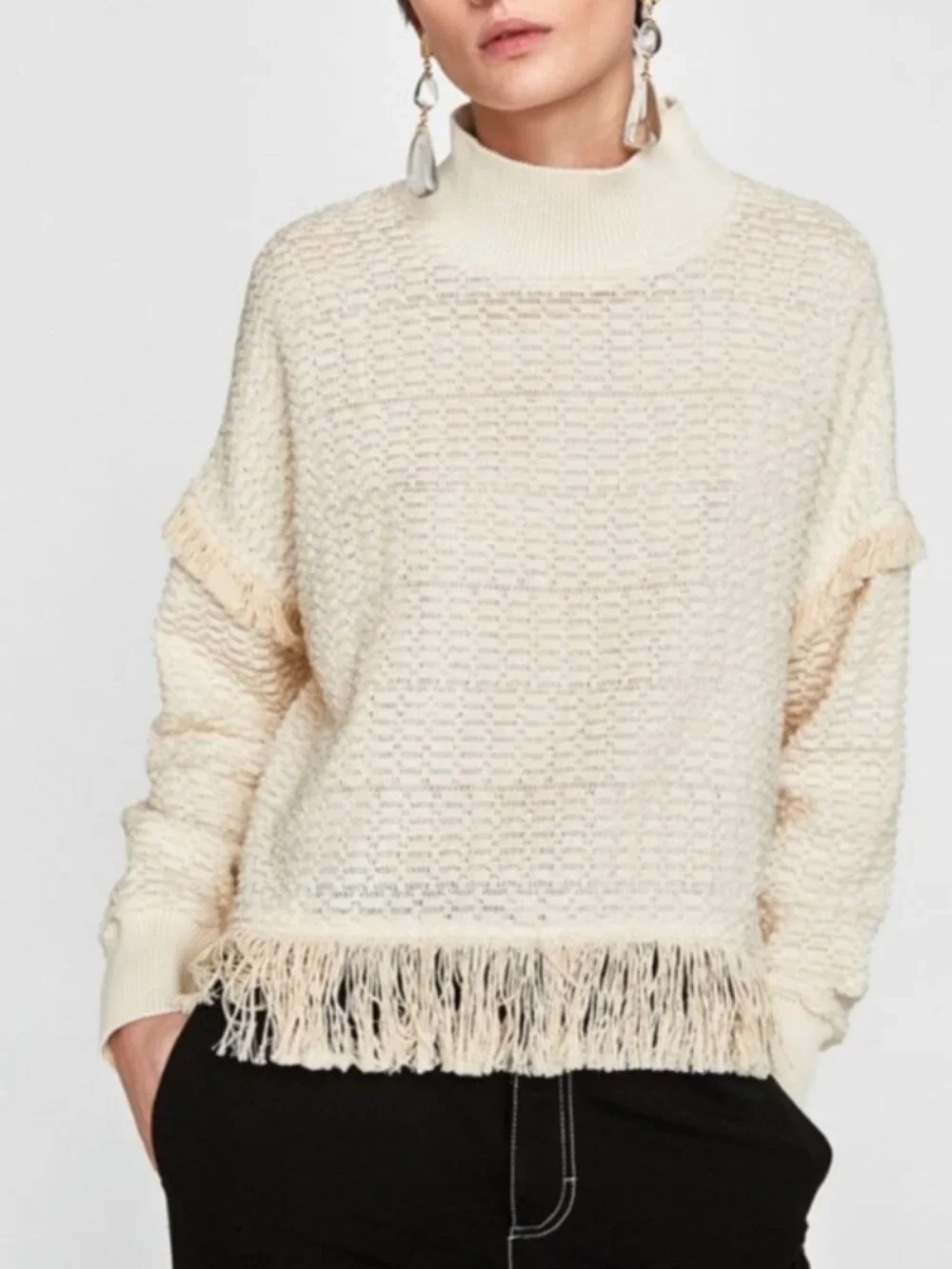 ZARA Women's Cream Fringe Turtleneck Sweater Size XS 54447